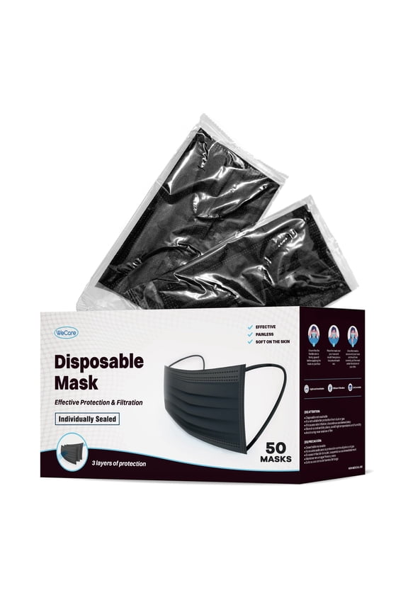 Disposable Face Mask, 3-Ply with Ear Loop (50 Individually Wrapped) - Black