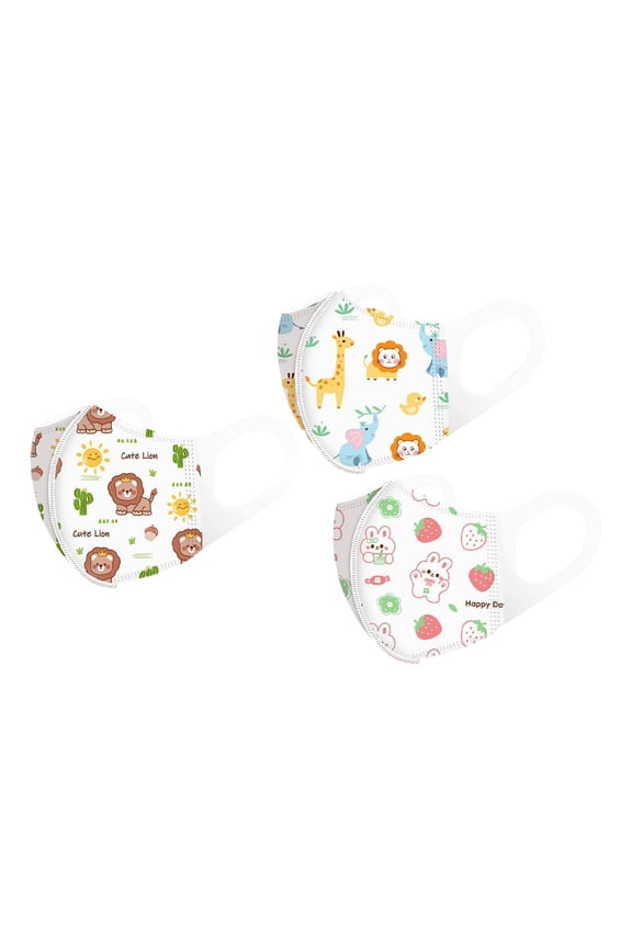 Disposable Face Mask 32 Pack 3 Layer Breathable Non Woven Mouth Cover with Cartoon Animal Print Elastic Ear Loops for Children School Outdoor Protection