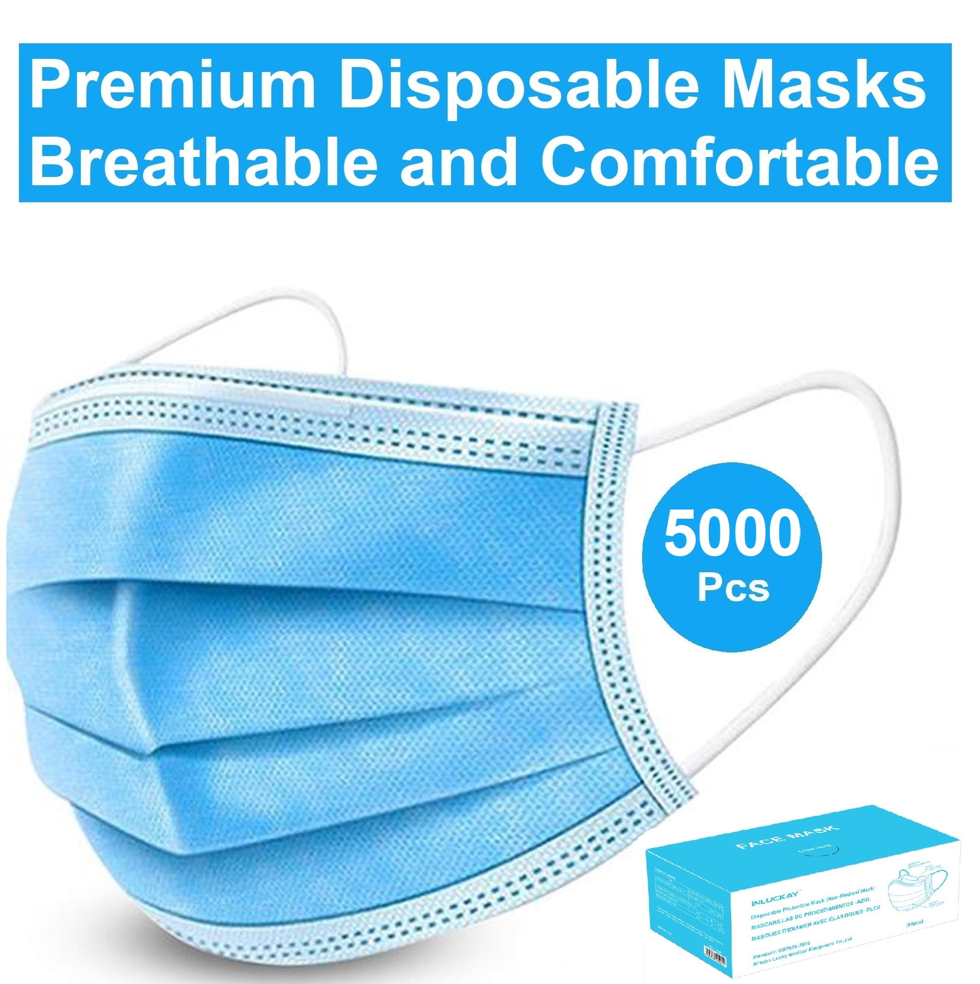 Disposable Face Mask - 5000 Pack - Disposable Face Masks, 3-ply Elastic Ear Loop Filter Mask