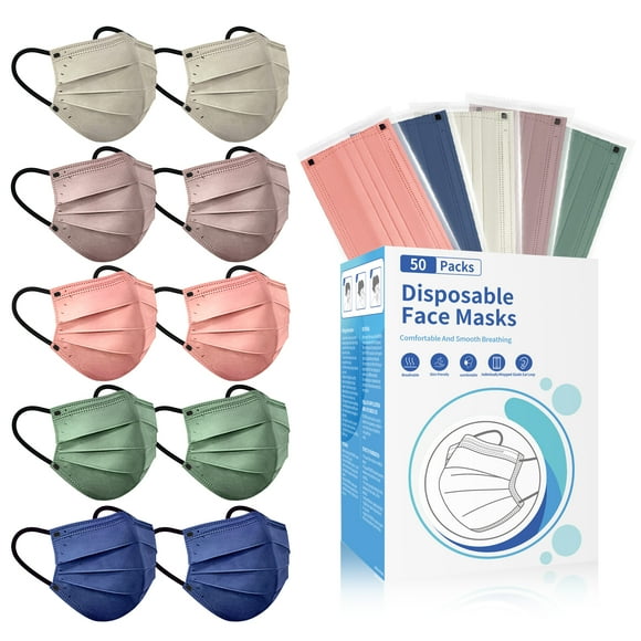 50 Packs 4-Ply Disposable Earloop Face Masks, Individually Wrapped, Breathable & Skin-Friendly for Adults