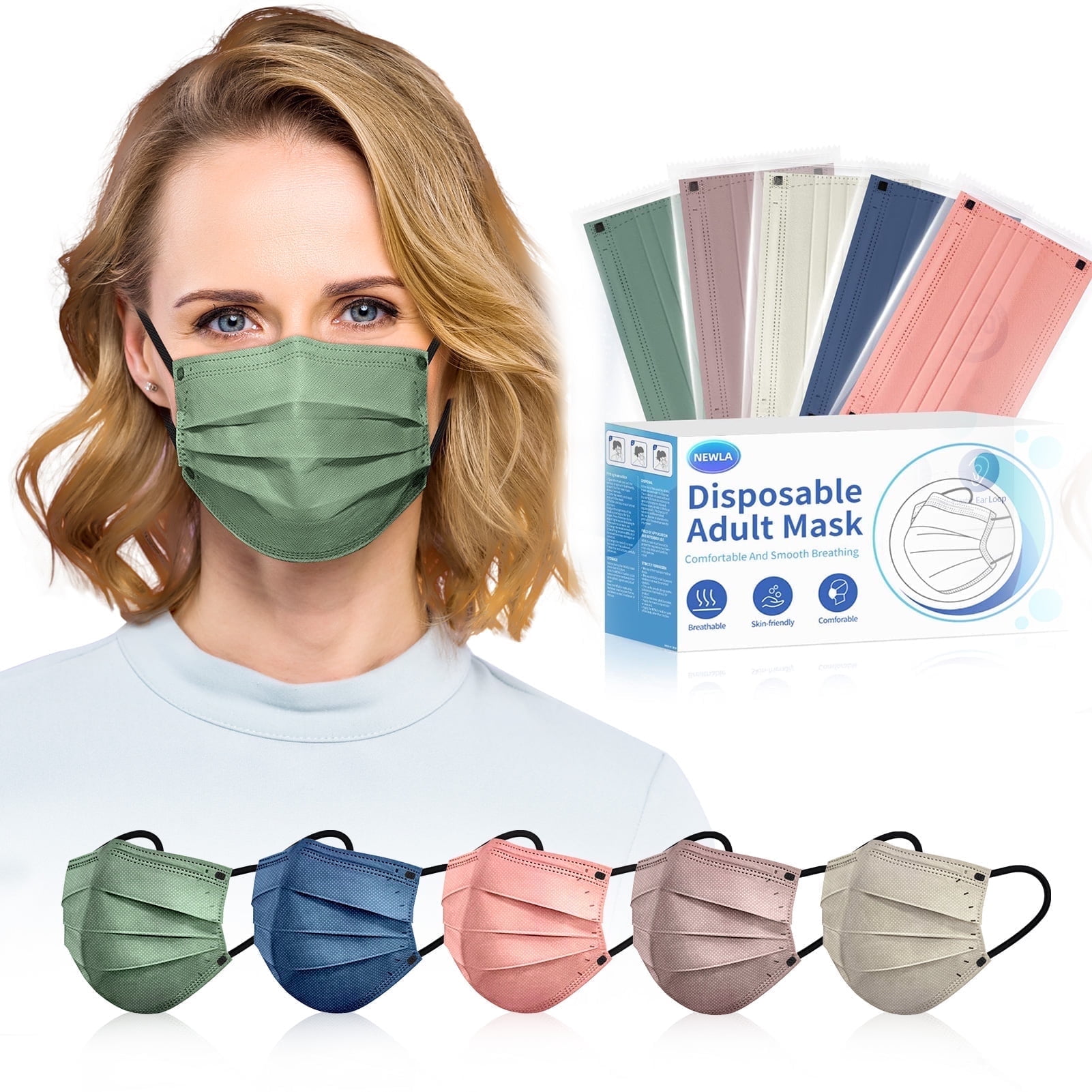 FACEMOON 4-Ply Disposable Face Masks, Individually Wrapped, 50 Pack, Breathable \u0026 Skin-Friendly for Adults