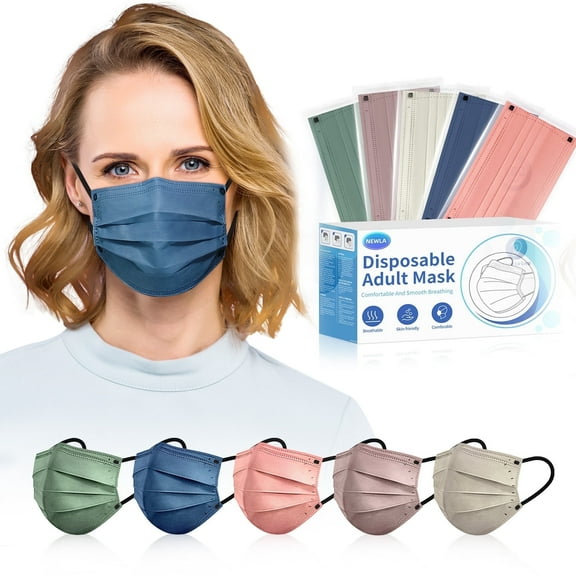 Disposable Face Mask For Adults - 50 Pack Individually Wrapped 4 Ply Protection 5 colors