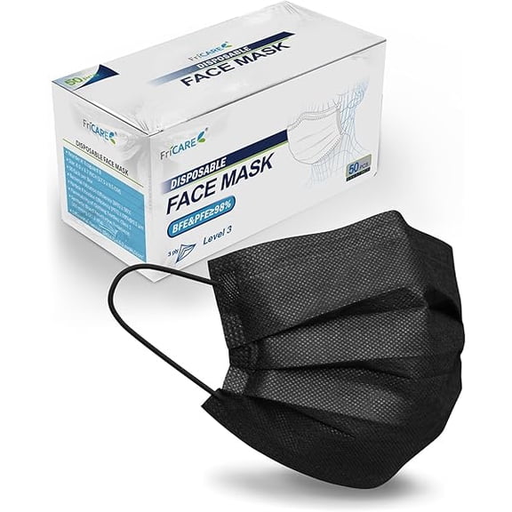 Disposable Face Masks, 3-Ply ASTM Level 3 Medical Grade, FSA/HSA Eligible, Breathable & Comfortable for Allergy/Sun Protection, 50 Pack Black