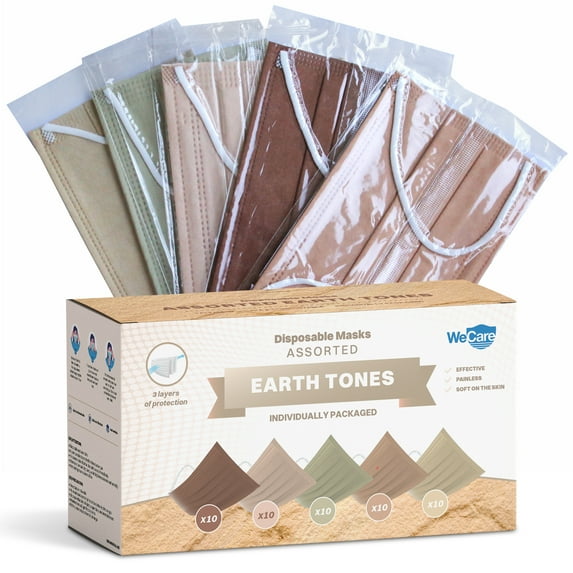 Disposable Face Masks 3-Ply Individually Wrapped , 50ct - Assorted Earth Tones