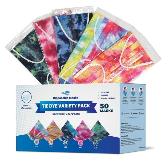 Disposable Face Masks 3-Ply Individually Wrapped , 50ct - Assorted Tie Dye