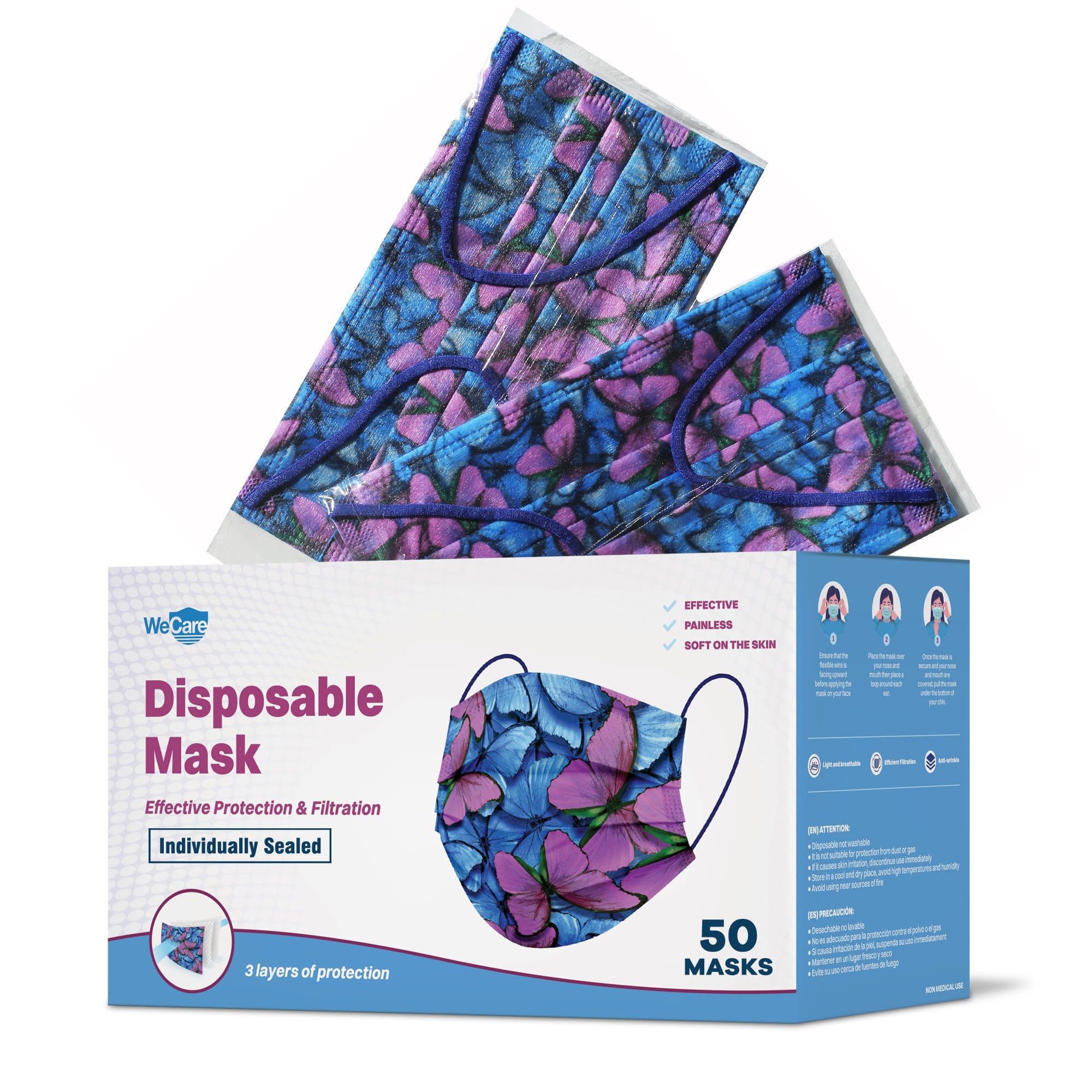Disposable Face Masks 3Ply Individually Wrapped , 50ct Butterfly