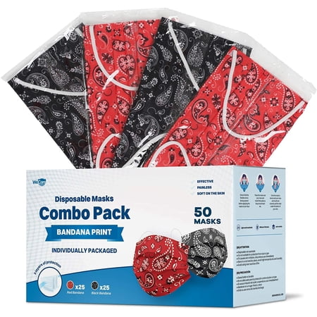 Disposable Face Masks 3-Ply Individually Wrapped , 50ct - Combo Pack - Bandana