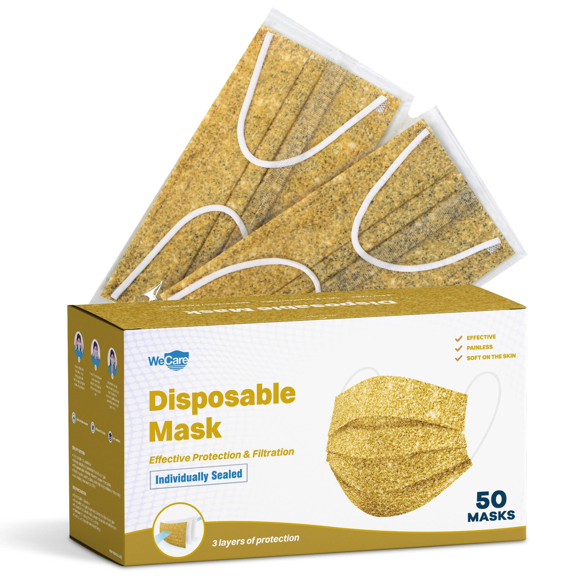 Disposable Face Masks 3Ply Individually Wrapped , 50ct Gold