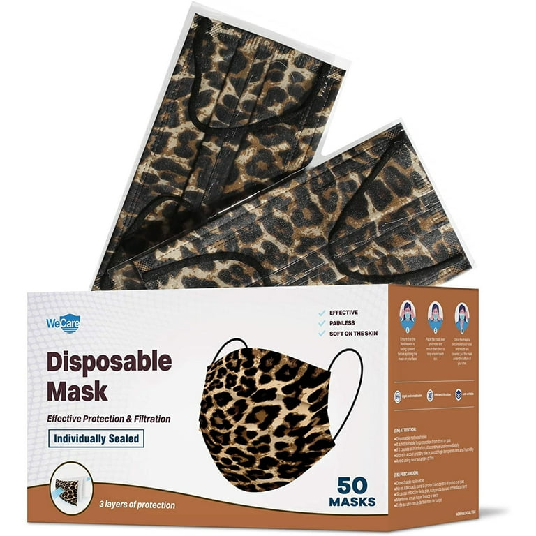 Disposable Face Masks 3-Ply Individually Wrapped , 50ct - Leopard