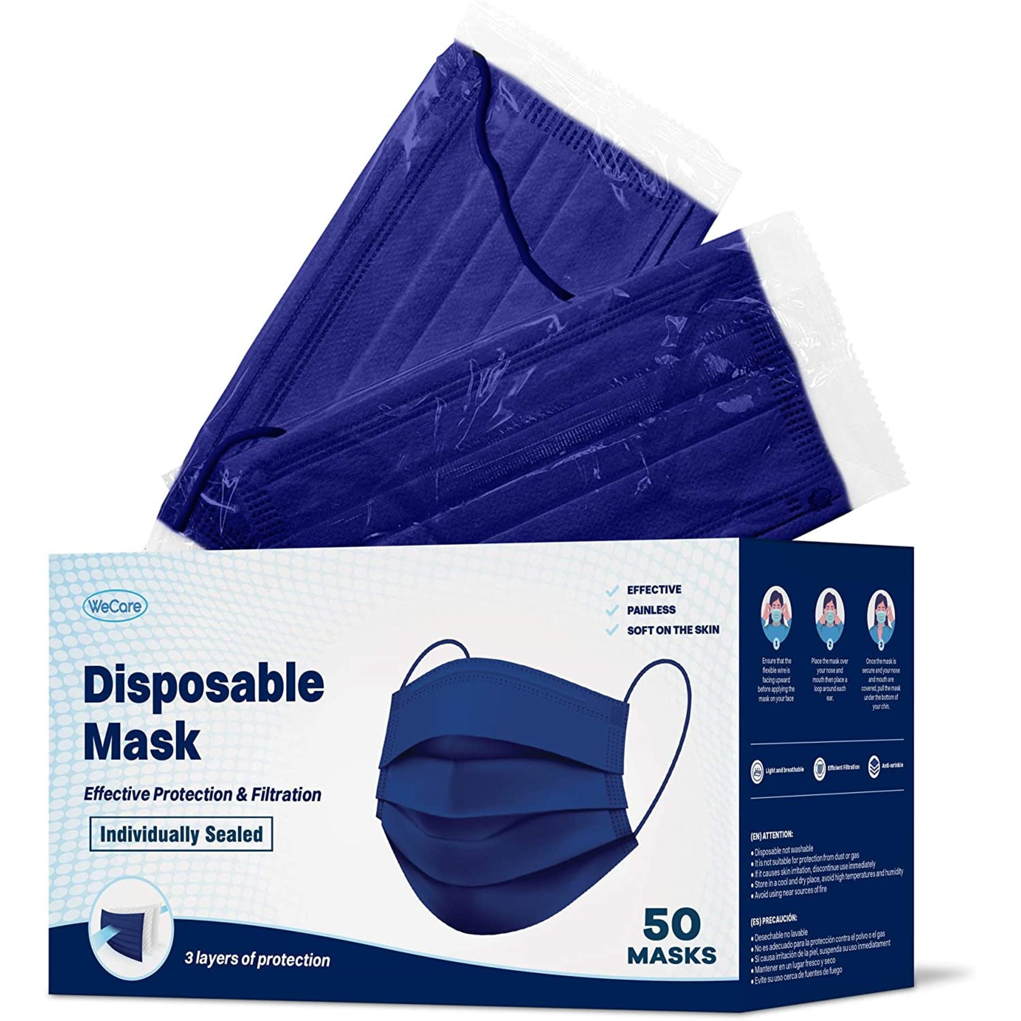 Disposable Face Masks 3Ply Individually Wrapped , 50ct Navy Blue
