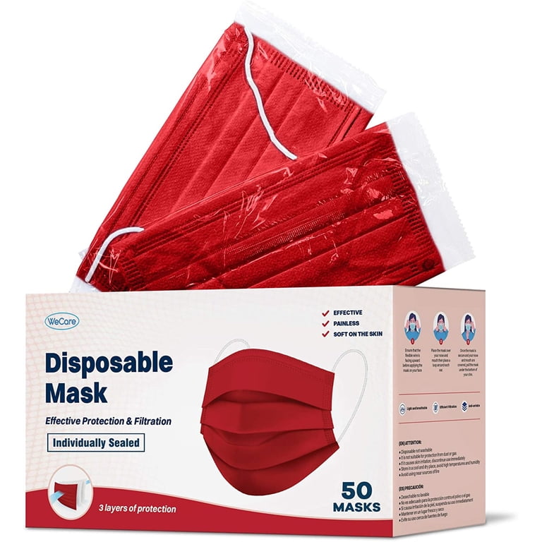 Disposable Face Masks 3-Ply Individually Wrapped , 50ct - Red