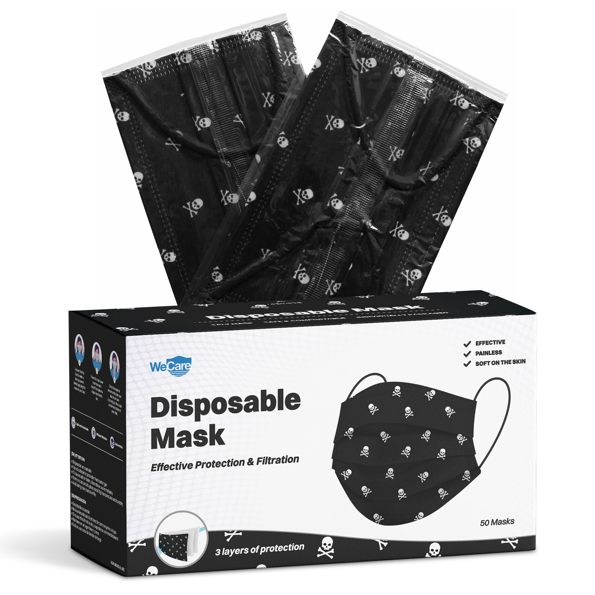 Disposable Face Masks 3Ply Individually Wrapped , 50ct Skull Bones
