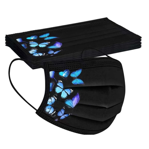 Disposable Face Masks with Butterfly Print, Adult Three-Layer Dust-Proof Masks, Fashionable and Unique Colorful Butterfly-Printed Breathable Masks,Blue7.09*3.54inch