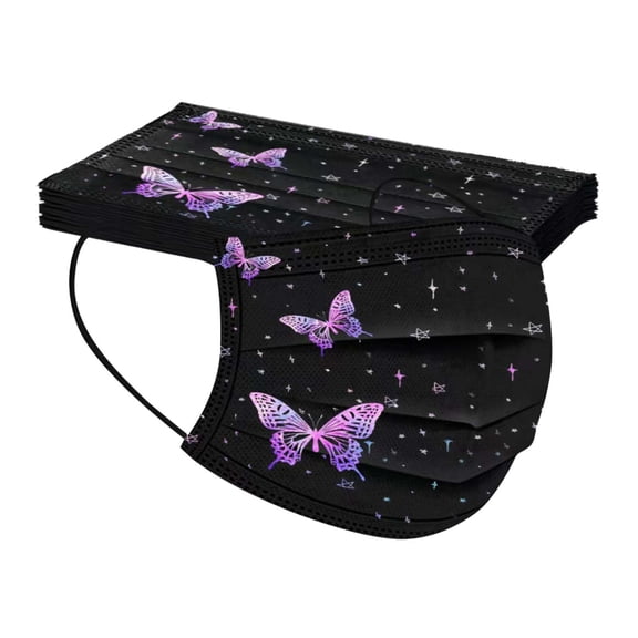 Disposable Face Masks with Butterfly Print, Adult Three-Layer Dust-Proof Masks, Fashionable and Unique Colorful Butterfly-Printed Breathable Masks,Purple7.09*3.54inch