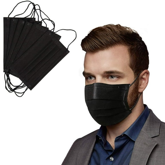 Disposable Face Masks One Size, Pack of 50 Black 3-Ply Breathable Masks for Women and Men with Elastic Ear Loops, Single-Use Medical Facial Mask