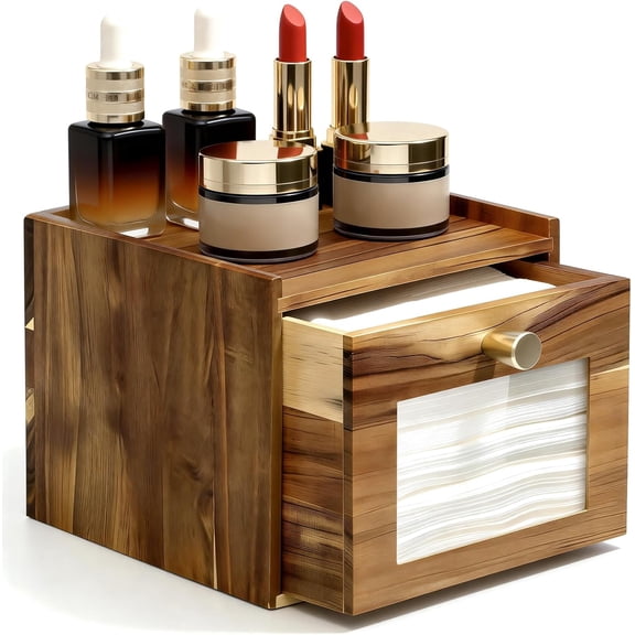 Disposable Face Towel Holder, Acacia Wood Storage Drawer Compatible with XL Disposable Face Towels, Facial Towel Storage Box for Bathroom Countertop Vanity Organizer & Wall Mount