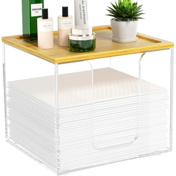 Disposable Face Towel Holder Box, Acrylic Facial Container for XL , Large Towels Storage with Bamboo Lid, Bathroom, Vanity Makeup, Clear