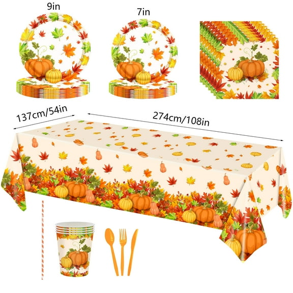 Disposable Fall Thanksgiving Party Supplies Set Paper Plates Napkins Tablecloth Cup Decoration, Pumpkin Paper Table Cover for Harvest, Disposable Tableware for Autumn Children School Party