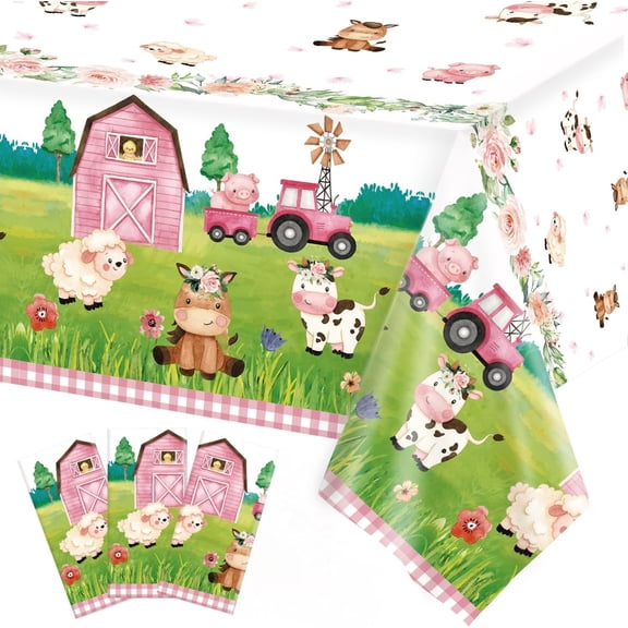 Disposable Farm Animal Birthday Party Tablecloth Set, 3-Pack Plastic Covers, 54 X 108 In, Barnyard Farmhouse Theme For Girls Birthday Party Decorations, Multicolor