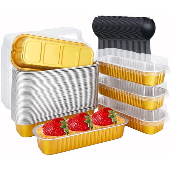 Disposable Foil Mini Pans with Lids 50 Pack, 6.8oz 6.5"x2.5"x1.2" Aluminum Small Loaf Pans,Rectangle Muffin Pan Mini Cake Tins Containers for Bread Loaf -Gold