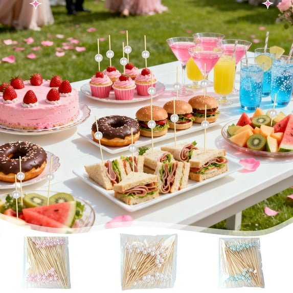 Disposable Fruit Sticks 100 Pack | Wood Pearl Skewers 4.72" Light Blue Pink White | Eco-Friendly, Sturdy, Splinter-Free Cocktail Appetizer Party Picks | Convenient Size for Cheese, Meat, Vegetables