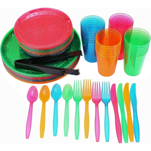 Disposable  Glitter Neon Dinnerware Set Christmas Easter Party Tableware Plates Cups Cutlery Set Disposable Neon Party Supplies for Holiday Wedding Birthday Celebration (COLORFUL)
