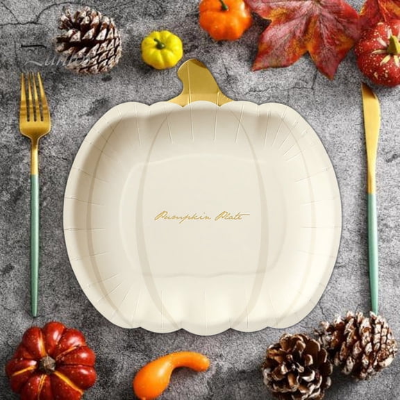 Disposable Gold Foil Pumpkin Plates - Eco-Friendly Halloween Thanksgiving Party Tableware Embossed Paper Trays Fall Harvest Dinnerware Set(White)