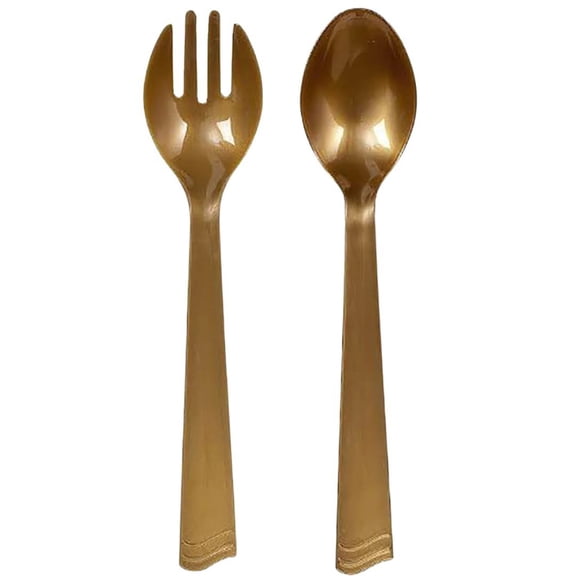 Disposable Gold Plastic 10" Serving Utensils - 2 Pack (1 Fork 1 Spoon)