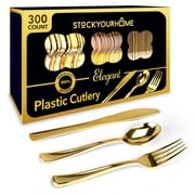 Disposable Gold Plastic Cutlery Set, 300 Total - Forks, Spoons, and Knives