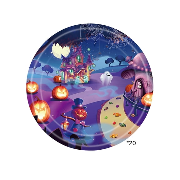 Disposable Halloween Paper Plates, Iridescent Purple Ghost Spider Web Print Dinner Plates for Halloween Party Catering Table Decor, 20 Pack A