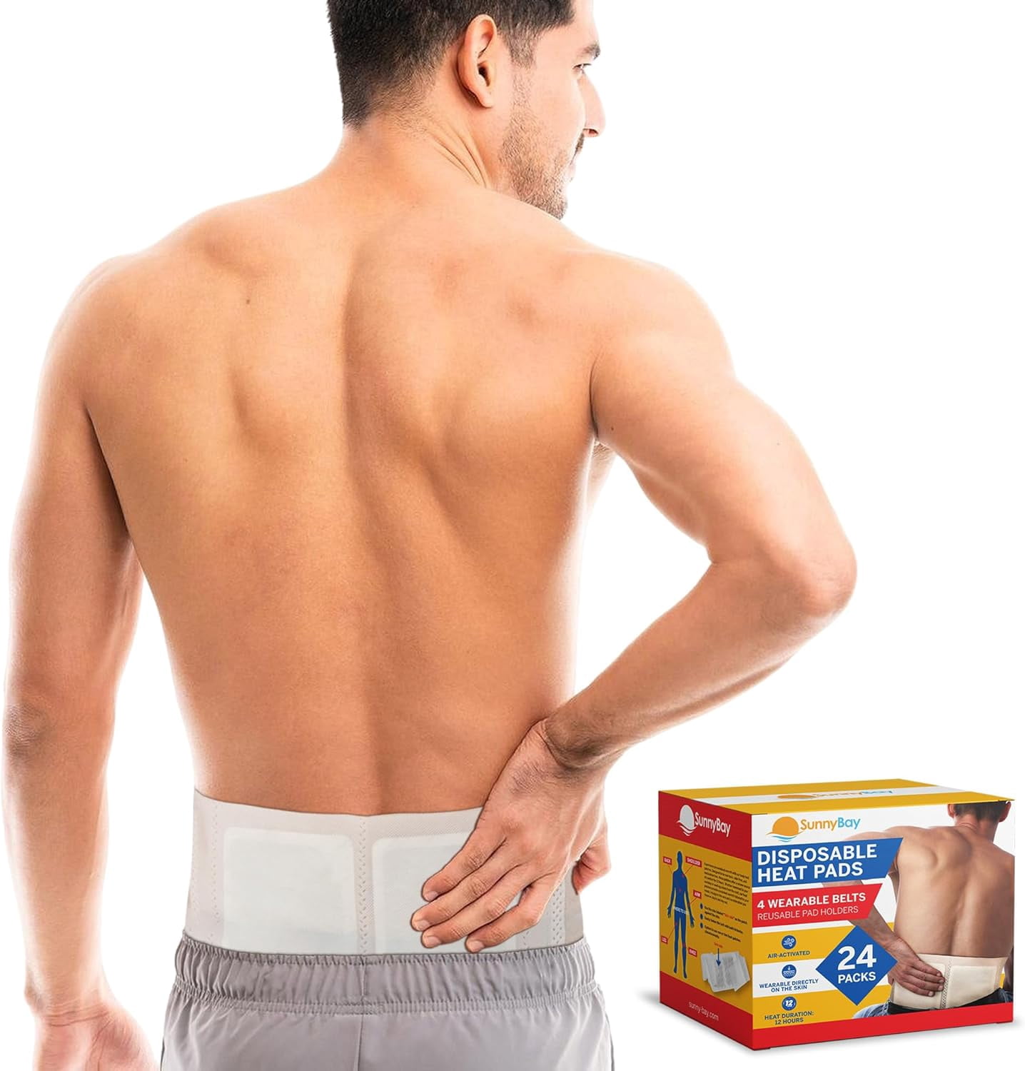 SunnyBay 24-Pack Pain Relief Patches for Lower Back Pain, 4 Wearable belts 42 inches long, Air-Activated Disposable Heat Pads for Menstrual Cramps, Neck, Shoulder, and More, Up to 113 °F Heat Therapy