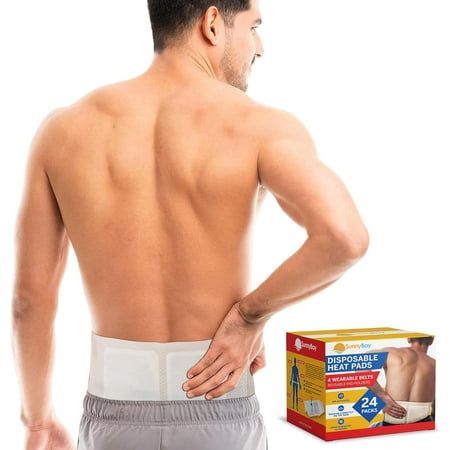 SunnyBay 24-Pack Pain Relief Patches for Lower Back Pain, 4 Wearable belts 42 inches long, Air-Activated Disposable Heat Pads for Menstrual Cramps, Neck, Shoulder, and More, Up to 113 °F Heat Therapy