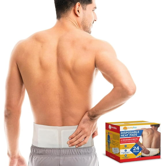 SunnyBay 24-Pack Pain Relief Patches for Lower Back Pain, 4 Wearable belts 42 inches long, Air-Activated Disposable Heat Pads for Menstrual Cramps, Neck, Shoulder, and More, Up to 113 °F Heat Therapy