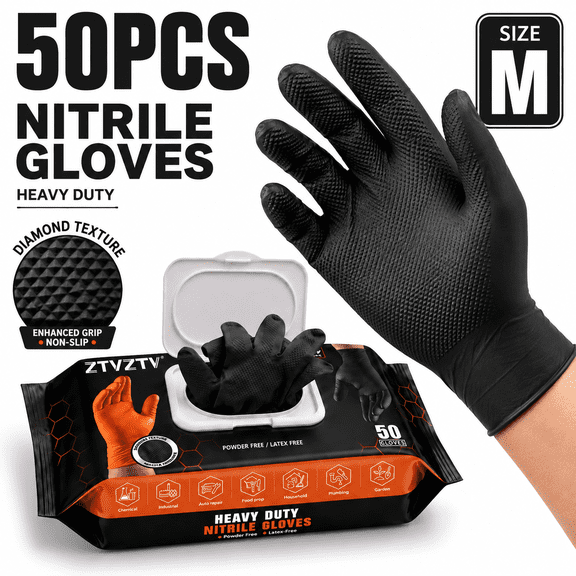 Disposable HeavyDuty Nitrile Gloves 50Pack, Diamond Textured Grip, PowderFree LatexFree, for Auto Repair, Plumbing, Garden, Household, Industrial & Food Prep Applications,Black, Medium