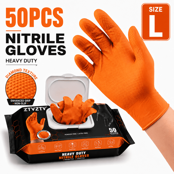 Disposable HeavyDuty Nitrile Gloves 50Pack, Diamond Textured Grip, PowderFree LatexFree, for Auto Repair, Plumbing, Garden, Household, Industrial & Food Prep Applications,Orange, Large