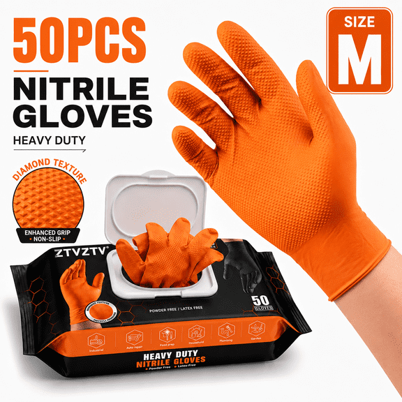Disposable HeavyDuty Nitrile Gloves 50Pack, Diamond Textured Grip, PowderFree LatexFree, for Auto Repair, Plumbing, Garden, Household, Industrial & Food Prep Applications,Orange, Medium