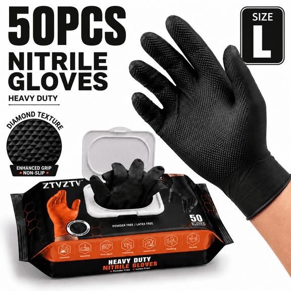 Disposable HeavyDuty Nitrile Gloves 50Pack, Diamond Textured Grip, PowderFree LatexFree, for Auto Repair, Plumbing, Garden, Household, Industrial & Food Prep Applications,Black,Large