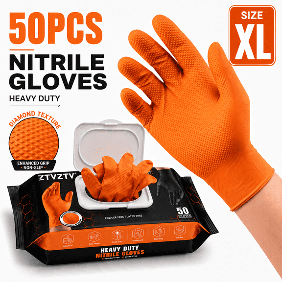 Disposable HeavyDuty Nitrile Gloves 50Pack, Diamond Textured Grip, PowderFree LatexFree, for Auto Repair, Plumbing, Garden, Household, Industrial & Food Prep Applications,Orange, XL