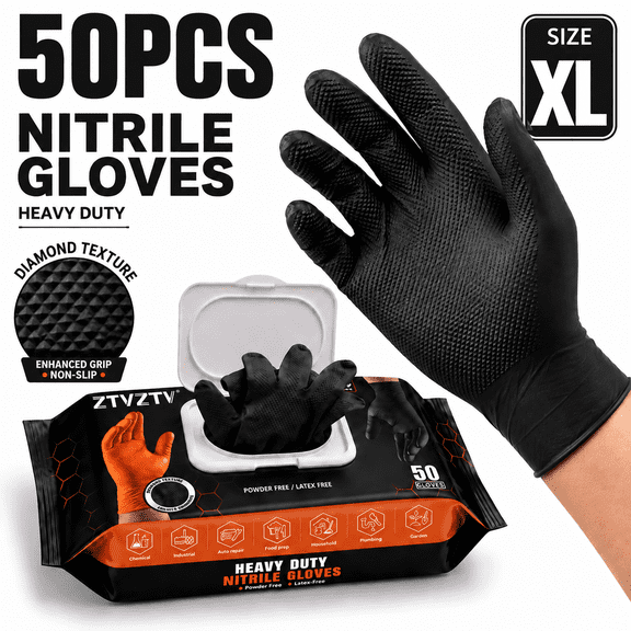 Disposable HeavyDuty Nitrile Gloves 50Pack, Diamond Textured Grip, PowderFree LatexFree, for Auto Repair, Plumbing, Garden, Household, Industrial & Food Prep Applications,Black,XL