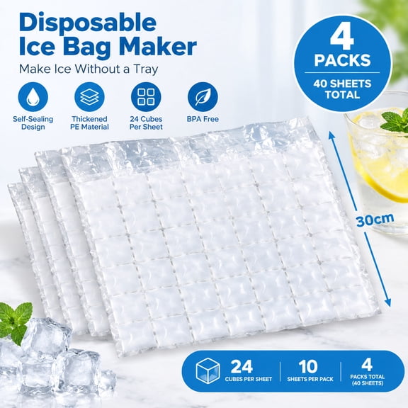 Disposable Ice Bag Maker, 30cm PE Self-Sealing Ice Cube Mold Bags, 24 Cubes Per Sheet, 10 Sheets Per Pack, 4 Packs (40 Sheets Total), Make Ice Without a Tray