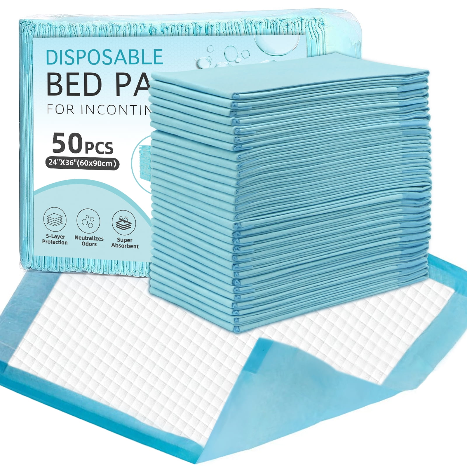 Disposable Incontinence Beds Pad, 50 pcs, 24"x35", 5 layers, 90g/piece