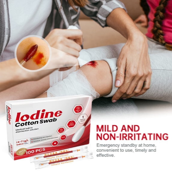 Disposable Iodine Swabs Box (100 Pcs, 40ml), Pre-Saturated Antiseptic Cotton Swabs for First Aid, Wound Cleaning, and Hygienic Disinfection