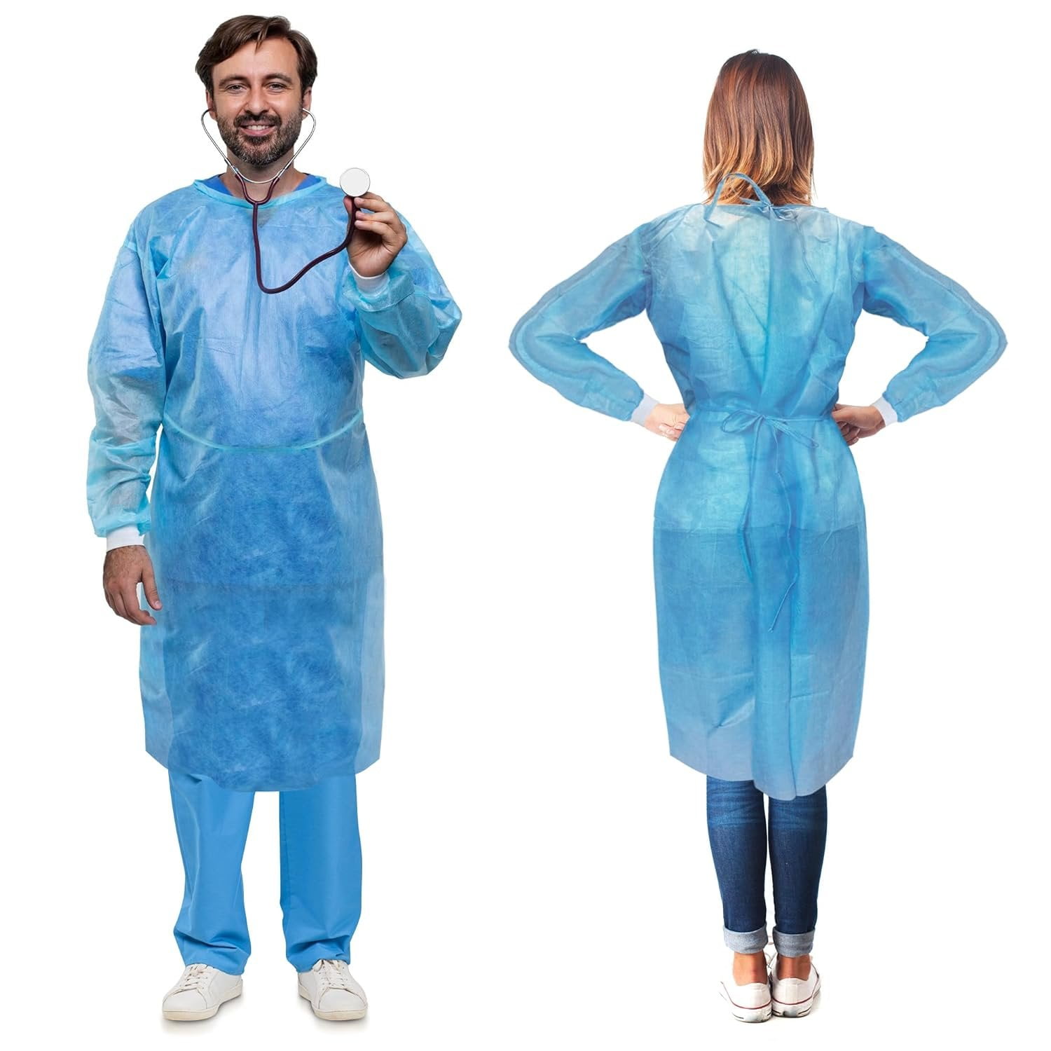 Disposable Isolation Gown, Large. 100 Pack of Blue 45 GSM SMS