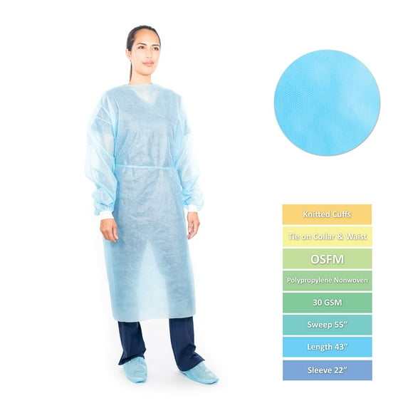 Disposable Isolation Gown Size Universal Qty 50 per Case (Blue)