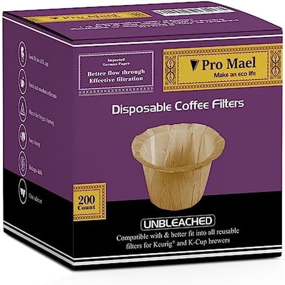 Disposable K Cup Filters, Coffee Filter Paper for Keurig Brewers Single Serve 1.0 and 2.0, Use with Reusable K Cup Pods, Natural Unbleached (200-Count)
