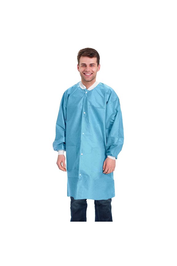 Disposable Lab Coat SMS Material Blue 50 count pack Medium 43 in Long with 3 Pockets and Front Snaps