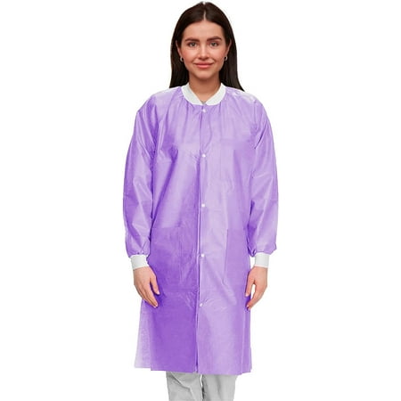 Disposable Lab Coat 43 Inches Long, Medium. Pack of 50 Purple SMS Disposable Lab Coats for Adults. 50 GSM Disposable Coats Medical with 3 Pockets, Front Snaps, Knit Cuffs, and Collar