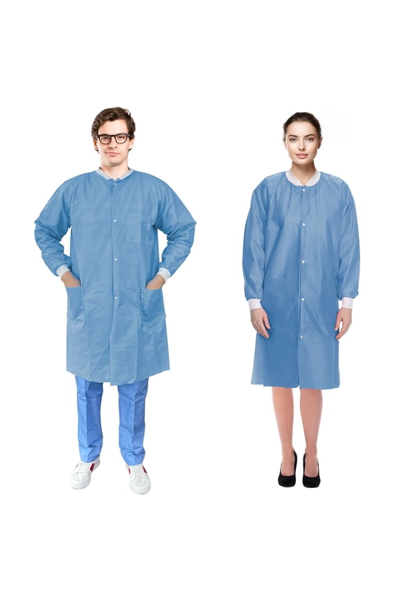 Disposable Lab Coat SMS Material Blue 50 count x-large 45 in with 3 Pockets and Front Snaps