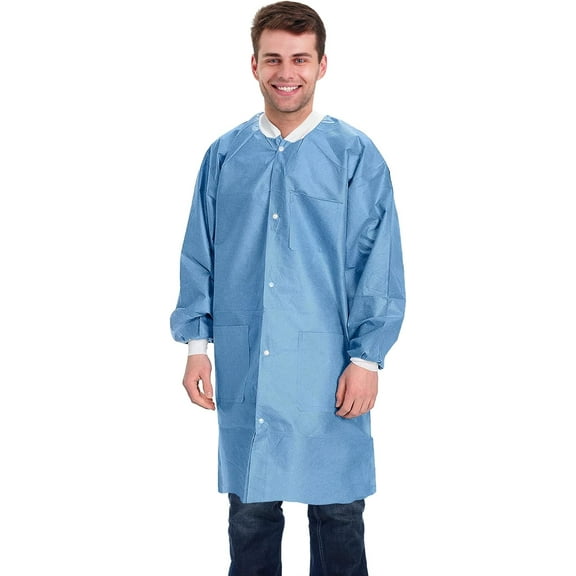 Disposable Lab Coat 45 Inches Long, X-Large. Pack of 50 Blue SMS Disposable Lab Coats for Adults. 50 GSM Disposable Coats Medical with 3 Pockets, Front Snaps, Knit Cuffs, and Collar