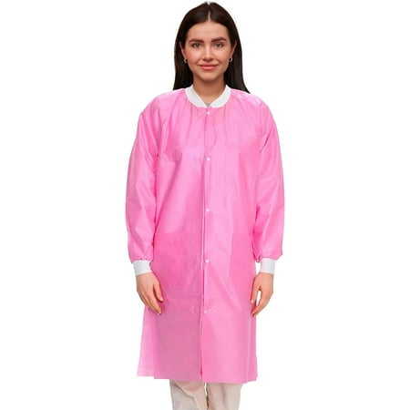 Disposable Lab Coat 45 Inches Long, X-Large. Pack of 50 Pink SMS Disposable Lab Coats for Adults. 50 GSM Disposable Coats Medical with 3 Pockets, Front Snaps, Knit Cuffs, and Collar